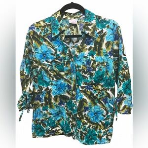 Pappagallo Addison Blue Green Floral Button Up Blouse Size S Resort Beach